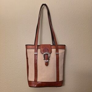 Vintage 90s Coldwater Creek Canvas Croc Embossed Tote Bag Western Buckle Brown